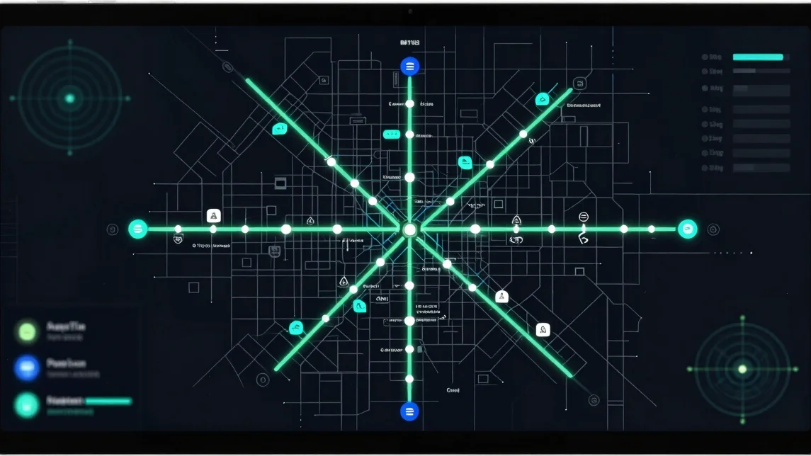 Dark mode UI card showing a city metro map with glowing lines and