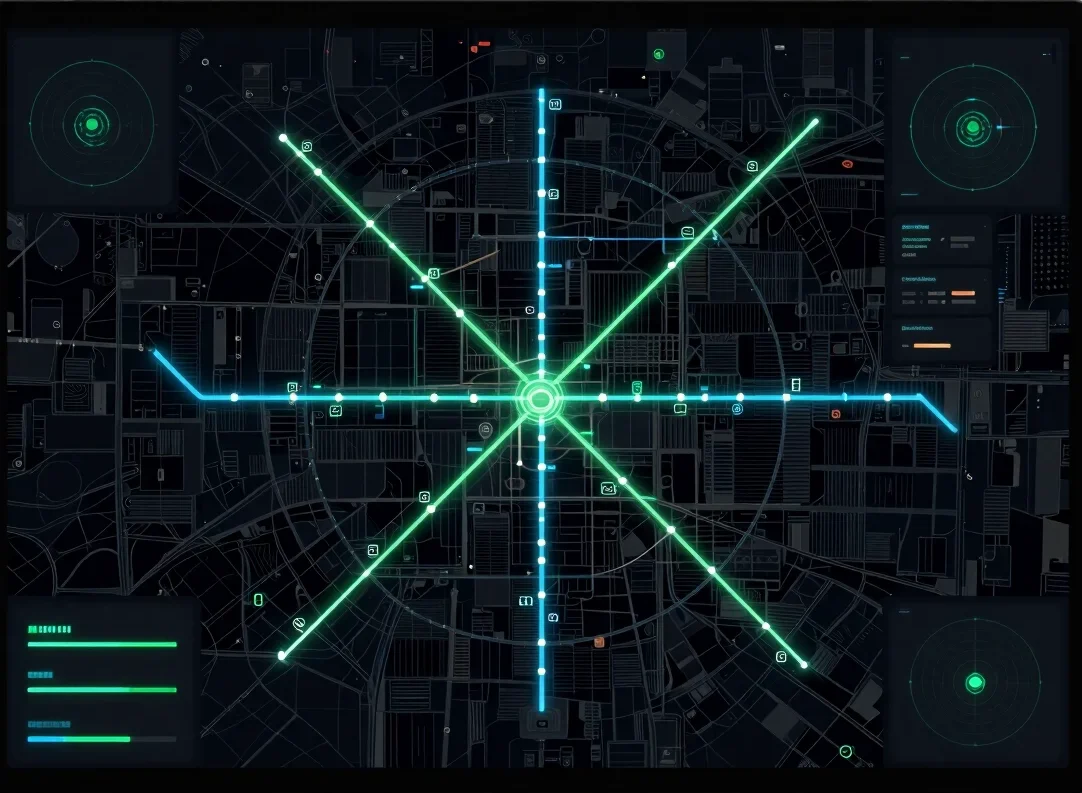 Dark mode UI dashboard showing a city transportation network, glo
