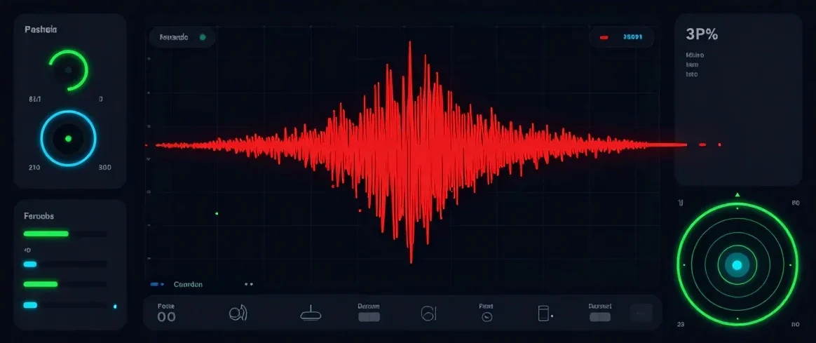 Dark mode UI dashboard showing a seismic activity map with glowin