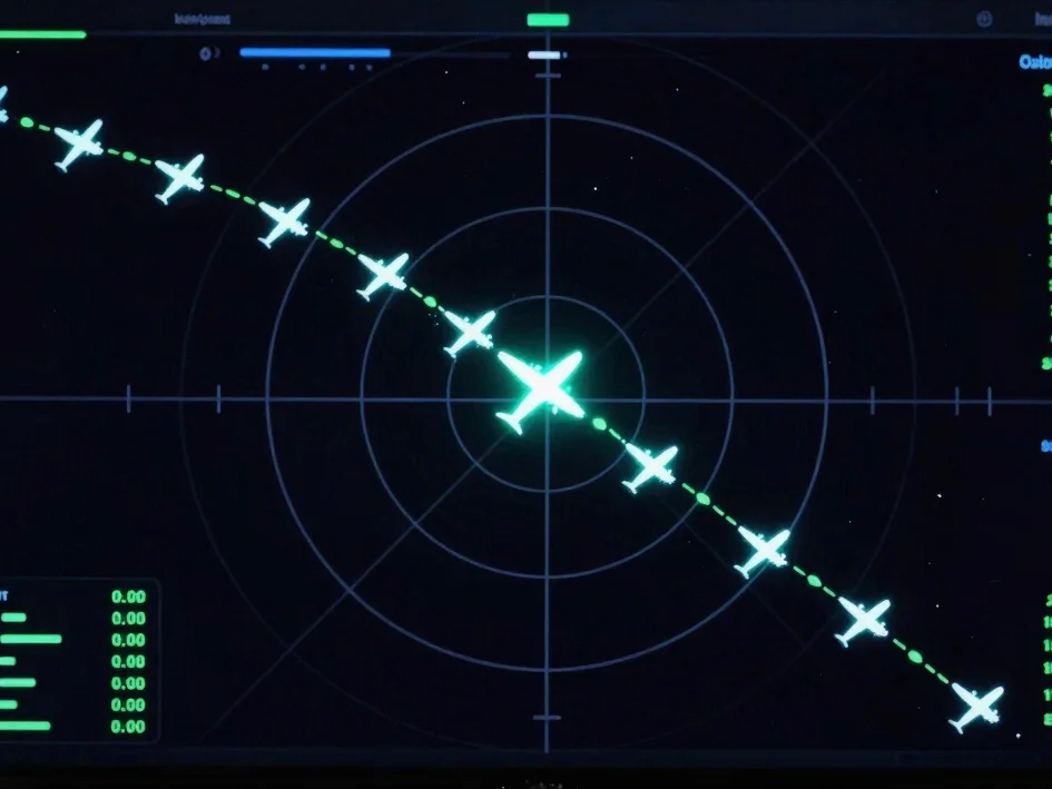 Dark mode UI dashboard showing a radar screen with glowing aircra