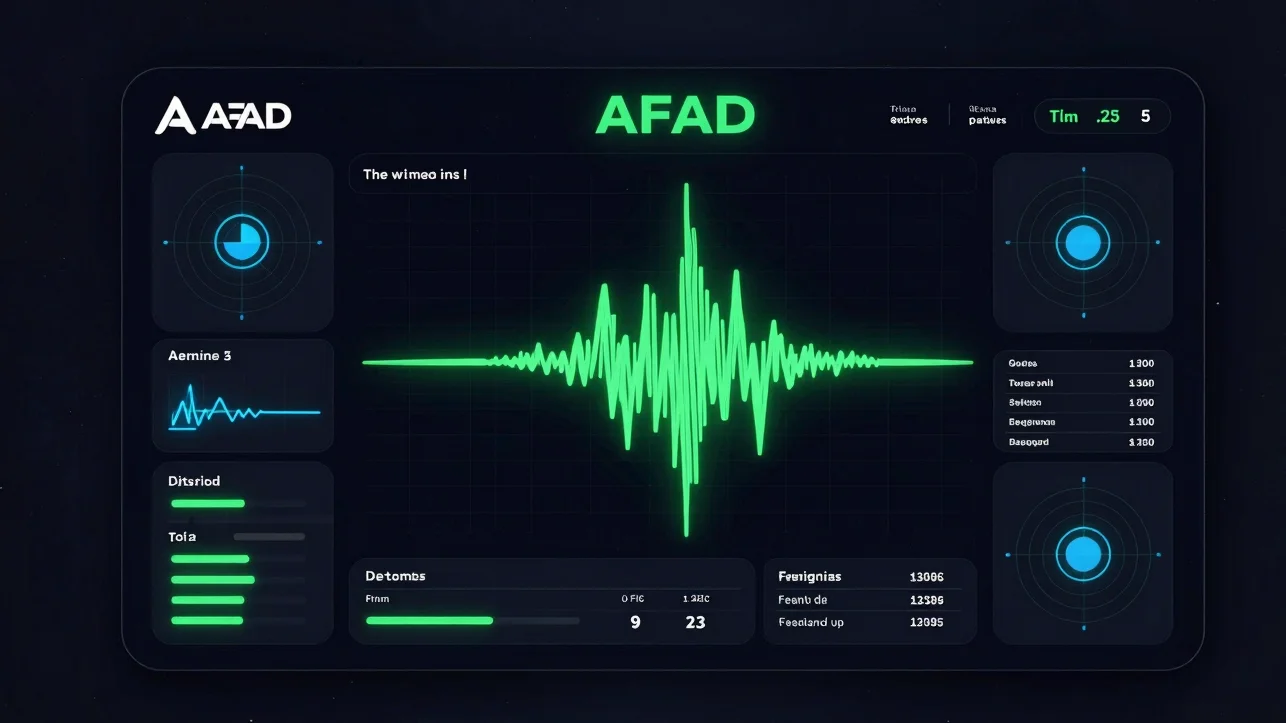 dark mode UI card showing AFAD logo and earthquake data overlay,