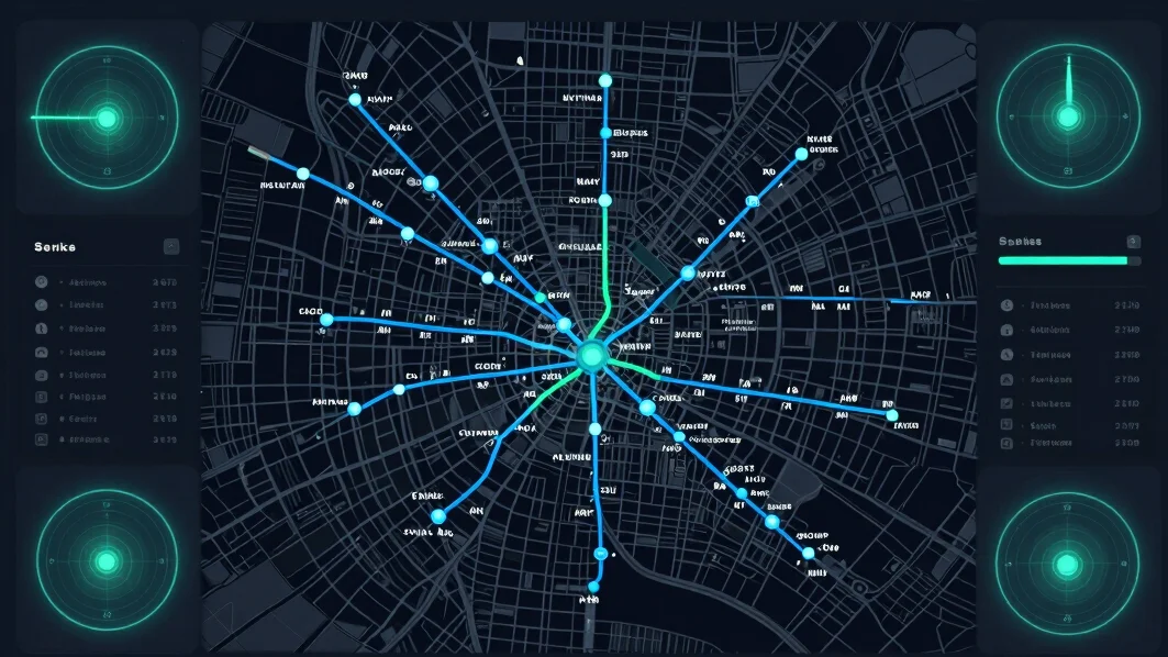 dark mode UI card showing city map with public transport routes a