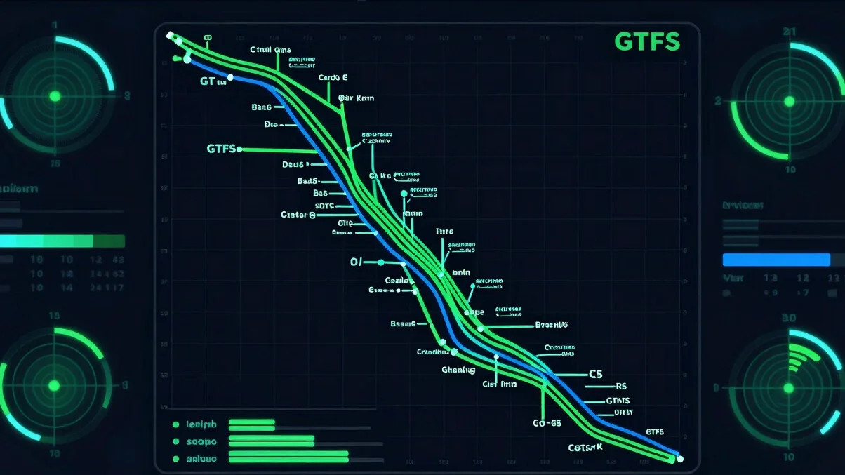 dark mode UI card showing GTFS data schema with transit lines, ne