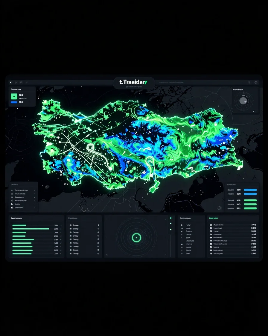 Dark mode UI dashboard showing a detailed map of Turkey with glow