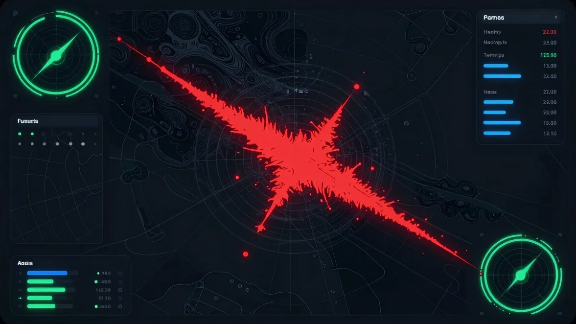 Dark mode UI card showing a map with earthquake epicenters, neon